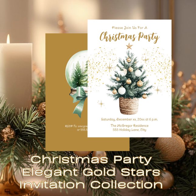 Invitation Fête de Noël Elégant Etoiles Dorées  (Christmas Party Elegant Gold Stars Invitation)