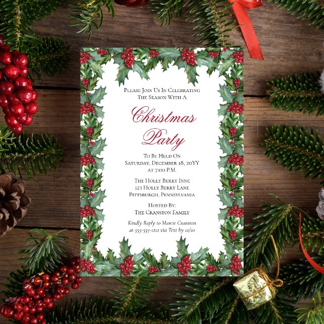 Invitation Fête de Noël Elegant Holly et Berries (Elegant Holly and Berries Frame Christmas Holiday Party  Invitation )