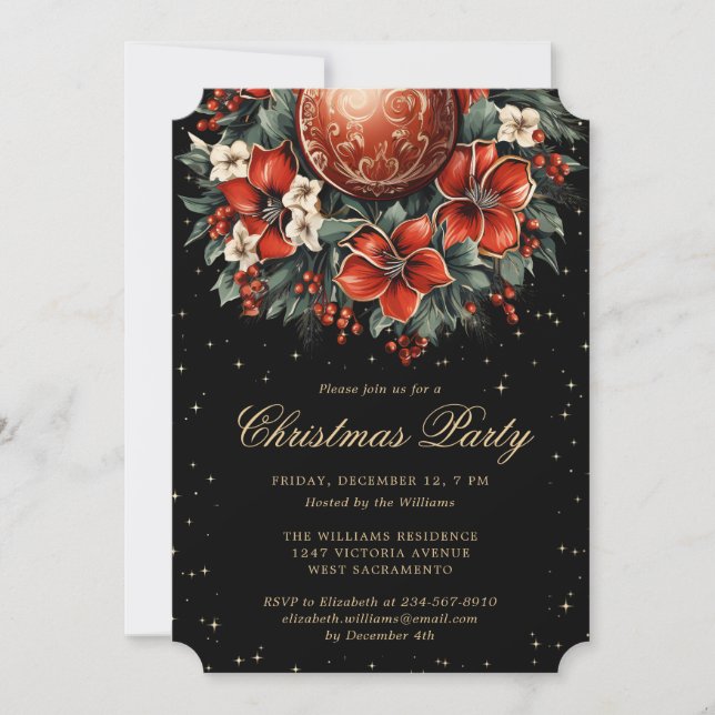Invitation Fête de Noël Élégant Noir Or Botanique (Devant)