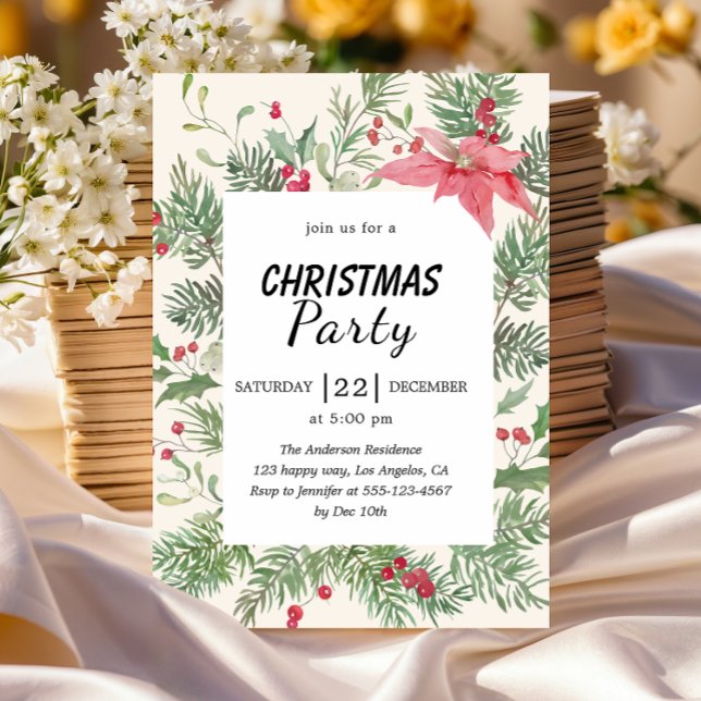 Invitation Fête de Noël élégante à l'aquarelle florale  (Créateur téléchargé)