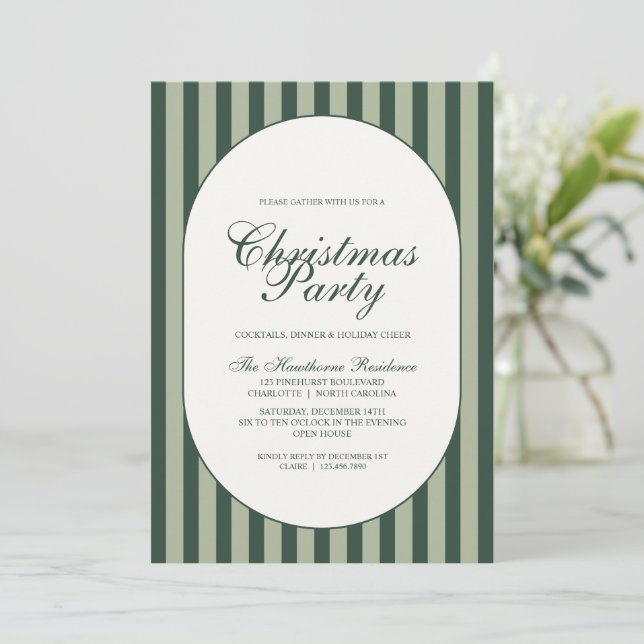 Invitation Fête de Noël élégante à rayures vertes (Debout devant)
