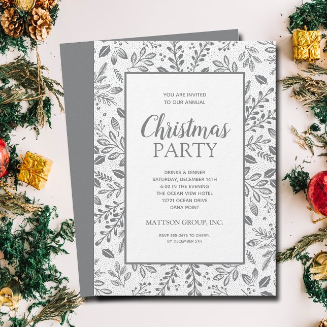 Invitation Fête de Noël Élégante aux Botaniques Argentées (Silver (non-metallic) botanicals Christmas party invitations, PRINTED and/or INSTANT DOWNLOAD)