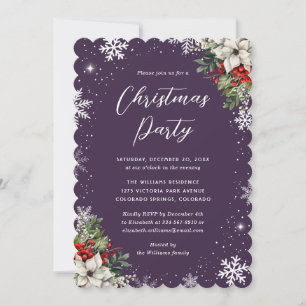 Invitation Fête de Noël élégante aux flocons de neige botaniq