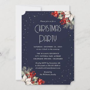 Invitation Fête de Noël élégante aux poinsettias blancs bleus