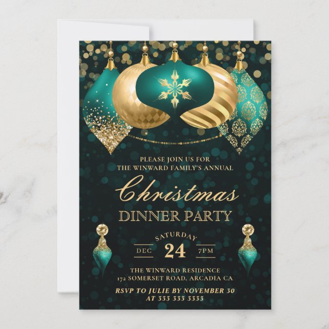 Invitation Fête de Noël élégante aux teintes sarcelle et or a (Devant)