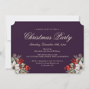 Invitation Fête de Noël Élégante aux Thèmes Botaniques Violet