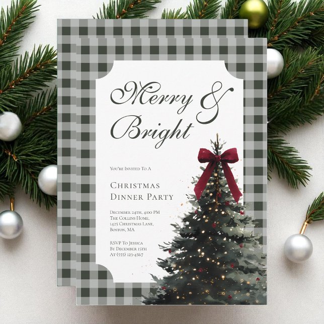 Invitation Fête de Noël élégante avec nœud et gingham vert (Elegant Bow Green Gingham Christmas Dinner Party Invitation)