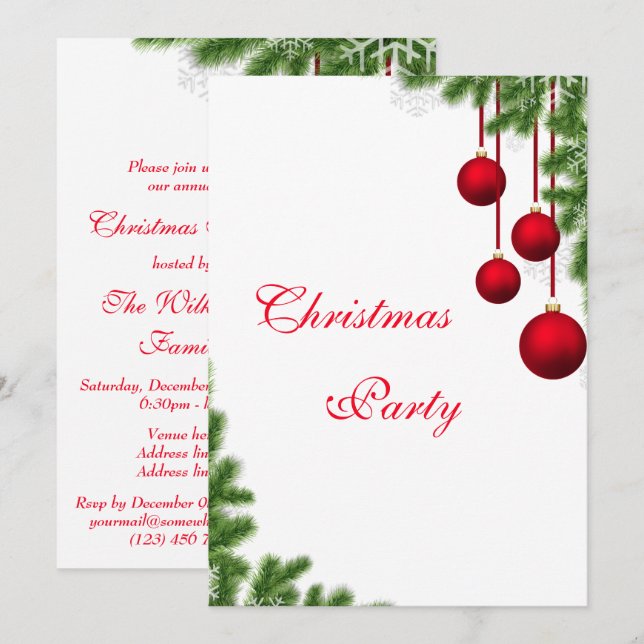 Invitation Fête de Noël élégante avec pin et boules (Devant / Derrière)