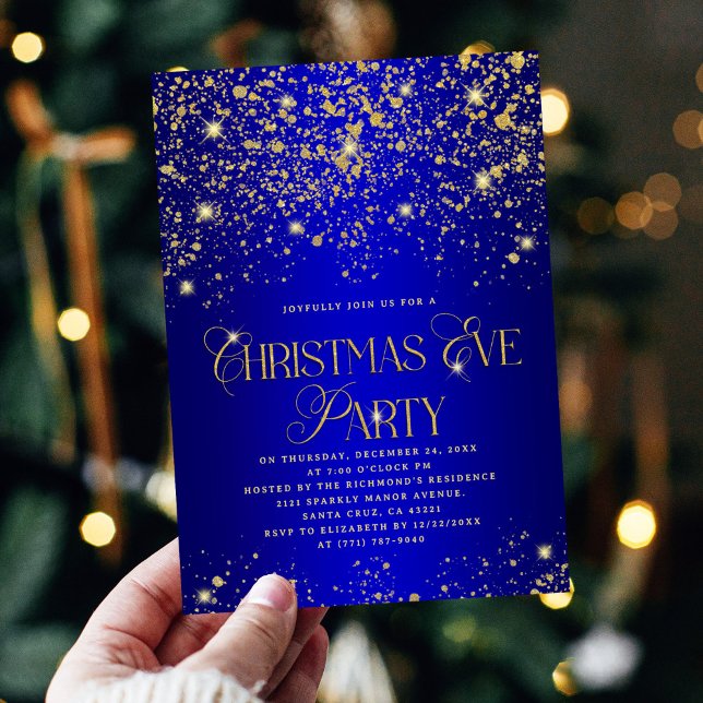 Invitation Fête de Noël élégante bleue et dorée avec paillett (Créateur téléchargé)