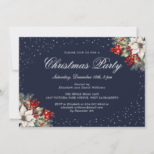 Invitation Fête de Noël élégante botanique bleue