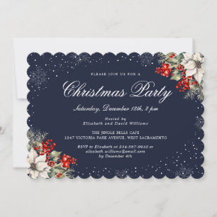 Invitation Fête de Noël élégante botanique bleue