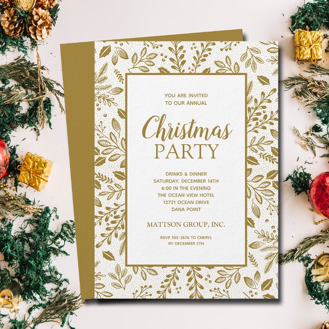Invitation Fête de Noël Élégante Botanique Or (Elegant gold (non-metallic) botanicals Christmas party invitations, PRINTED and/or INSTANT DOWNLOAD)