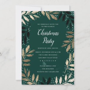 Invitation Fête de Noël Élégante Branche Dorée Feuillage