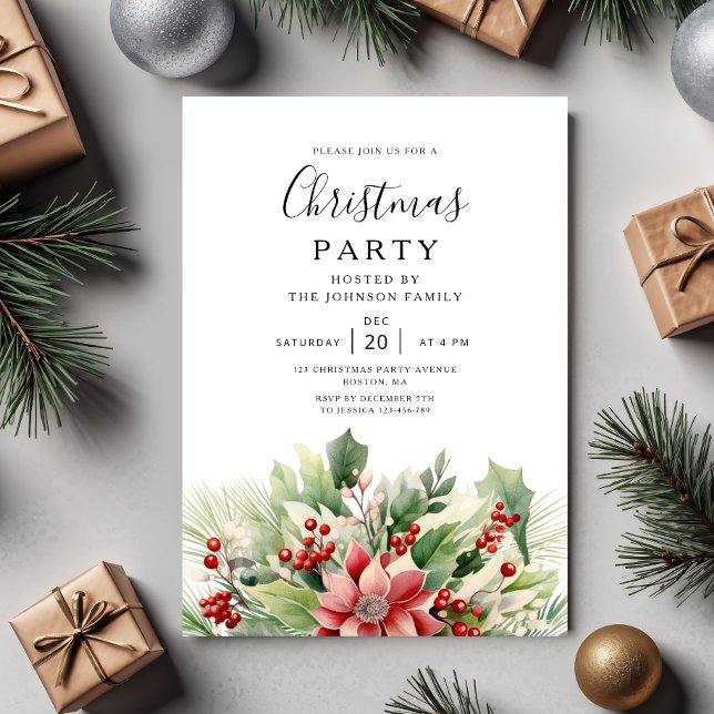 Invitation Fête de Noël Élégante de Botanique d'Hiver  (Elegant Winter Botanical Christmas Party Invitation)
