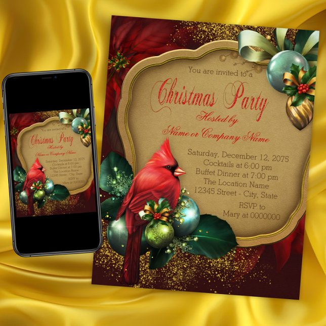 Invitation Fête de Noël élégante du Cardinal Rouge (Red Cardinal Christmas Party Invitation. Instant download and printed invitations available.)