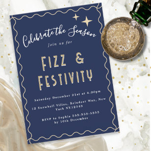 Invitation Fête de Noël Élégante Fizz & Festivité Bleu Foncé