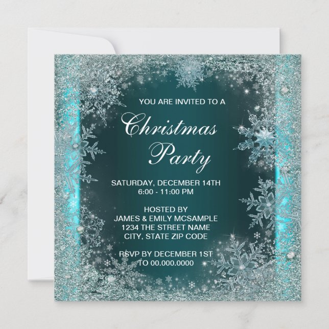 Invitation Fête de Noël élégante flocon de neige bleu sarcell (Devant)