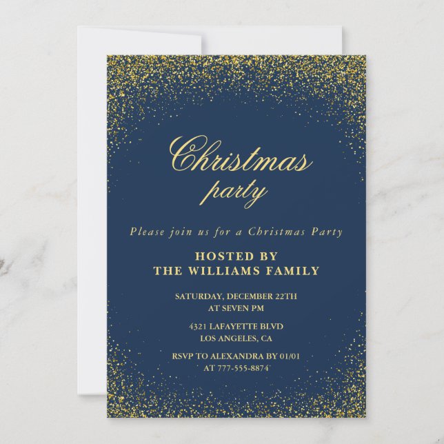 Invitation Fête de Noël élégante  Glam Or Marine (Devant)