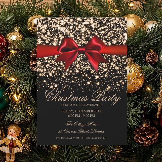 Invitation Fête de Noël élégante Gold Glam Red Bow  (Elegant Gold Glam Red Bow Christmas Party Invitation)