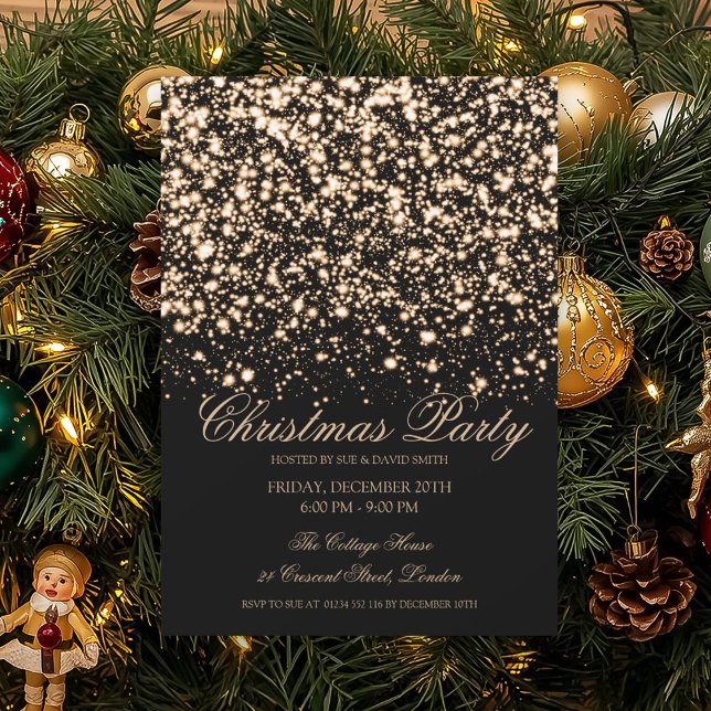 Invitation Fête de Noël élégante Gold Midnight Glam  (Elegant Gold Midnight Glam Christmas Party Invitation)
