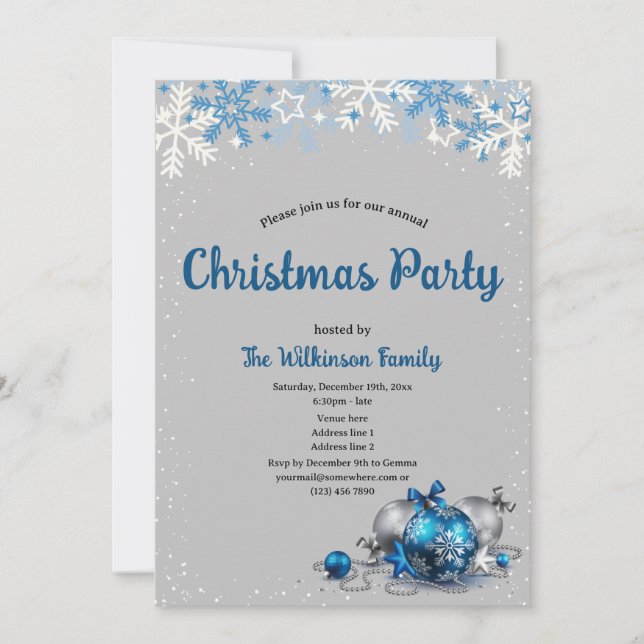 Invitation Fête de Noël élégante grise et bleue  (Devant)