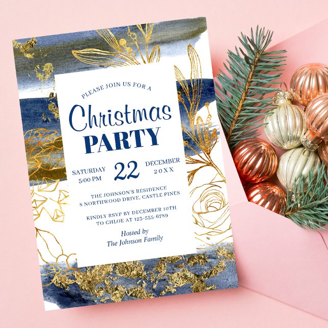 Invitation Fête de Noël élégante marine or florale (Créateur téléchargé)