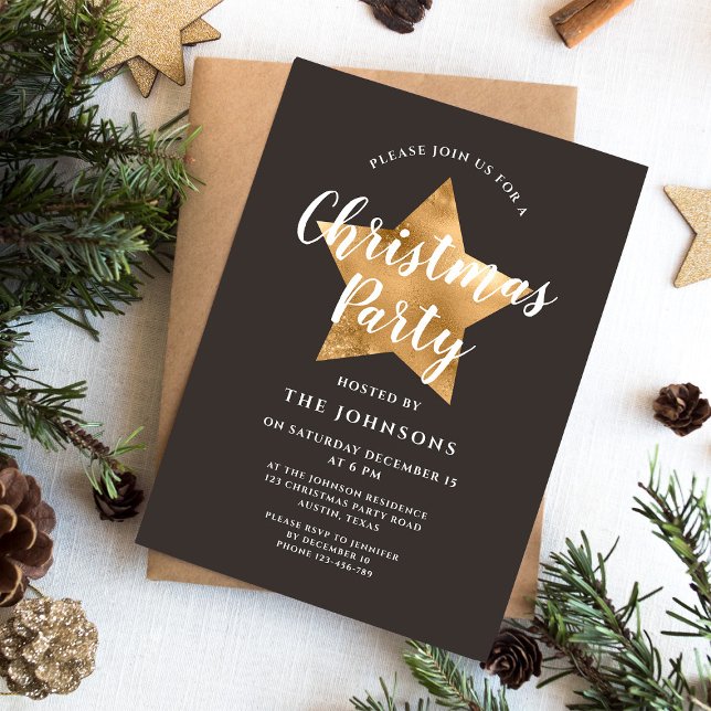Invitation Fête de Noël élégante marron étoile dorée (Elegant Brown Gold Star Christmas Party Invitation)