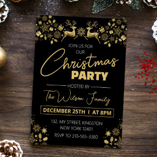 Invitation Fête de Noël Élégante Noir et Or