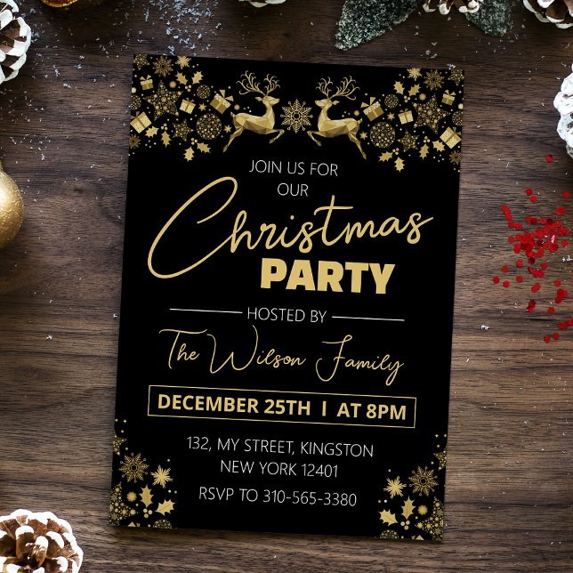 Invitation Fête de Noël Élégante Noir et Or (Créateur téléchargé)