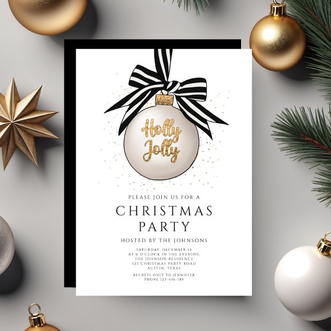 Invitation Fête de Noël élégante noire et blanche or (Elegant Black And White Gold Christmas Party Invitation)