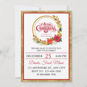 Invitation Fête de Noël élégante or et poinsettia