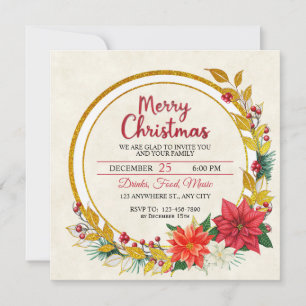 Invitation Fête de Noël élégante or et poinsettia