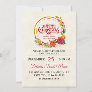 Invitation Fête de Noël élégante or et poinsettia