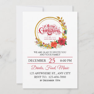 Invitation Fête de Noël élégante or et poinsettia