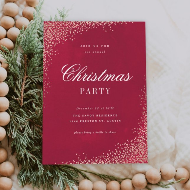 Invitation Fête de Noël élégante or et rouge (Elegant red Christmas party invitations.)