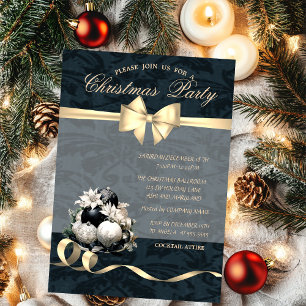 Invitation Fête de Noël élégante Ruban, Boules, Poinsettia