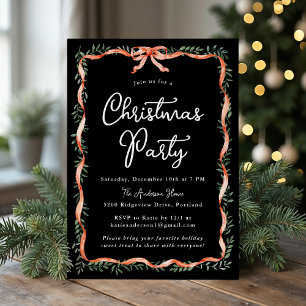 Invitation Fête de Noël élégante ruban rouge verdure noir