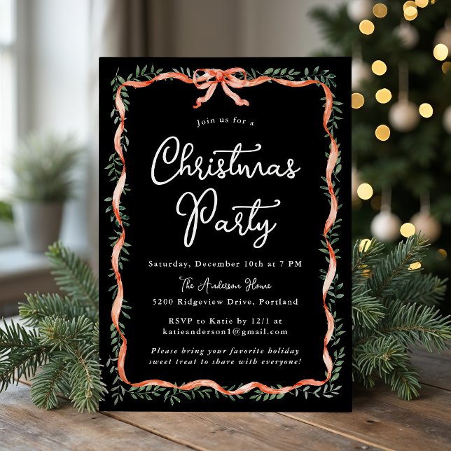 Invitation Fête de Noël élégante ruban rouge verdure noir (Créateur téléchargé)