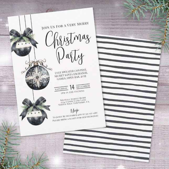 Invitation Fête de Noël Élégante Simple Noir et Blanc (Elegant Simple Black White Christmas Party Invitat Invitation)