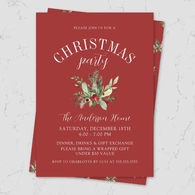 Invitation Fête de Noël élégante sous le gui rouge (Elegant, modern red Christmas party invitation card on marble surface with elegant festive mistletoe)