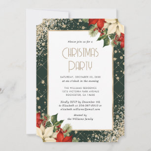 Invitation Fête de Noël élégante verte et or Poinsettia