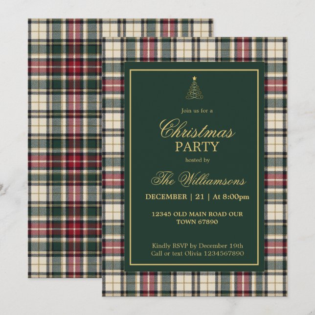 Invitation Fête de Noël élégante verte tartan or script (Devant / Derrière)