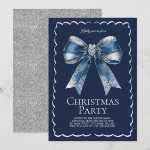 Invitation Fête de Noël élégante XL Ruban Bleu Paillettes Arg