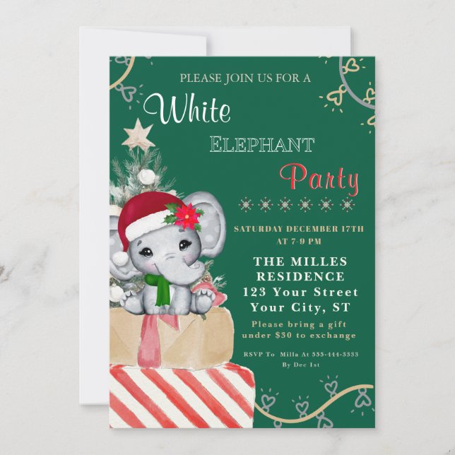 Invitation Fête de Noël éléphant blanc coloré  (Devant)