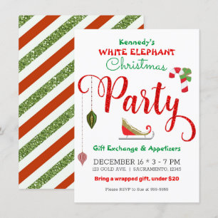 Invitation Fête de Noël éléphant blanc paillettes vert rouge