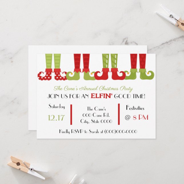 Invitation Fête de Noël Elf (Devant/Arrière en situation)