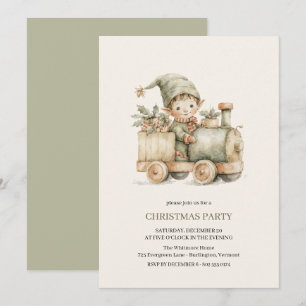 Invitation Fête de Noël Elf Train Vintage