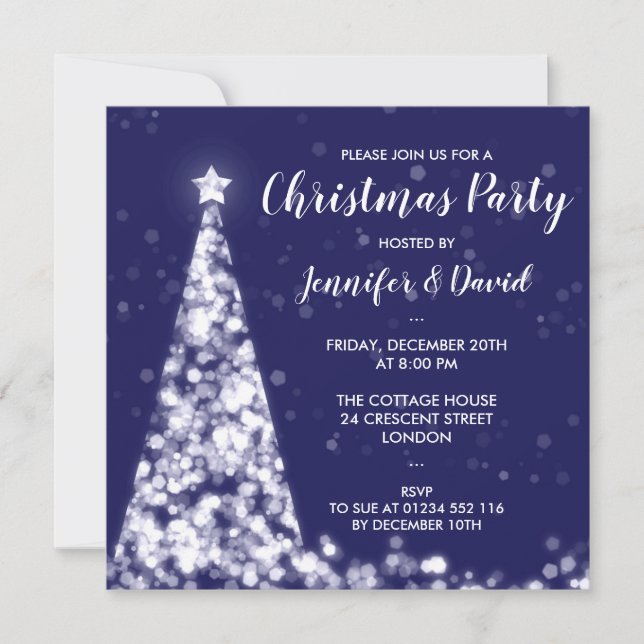 Invitation Fête de Noël en argent et bleu marine (Devant)