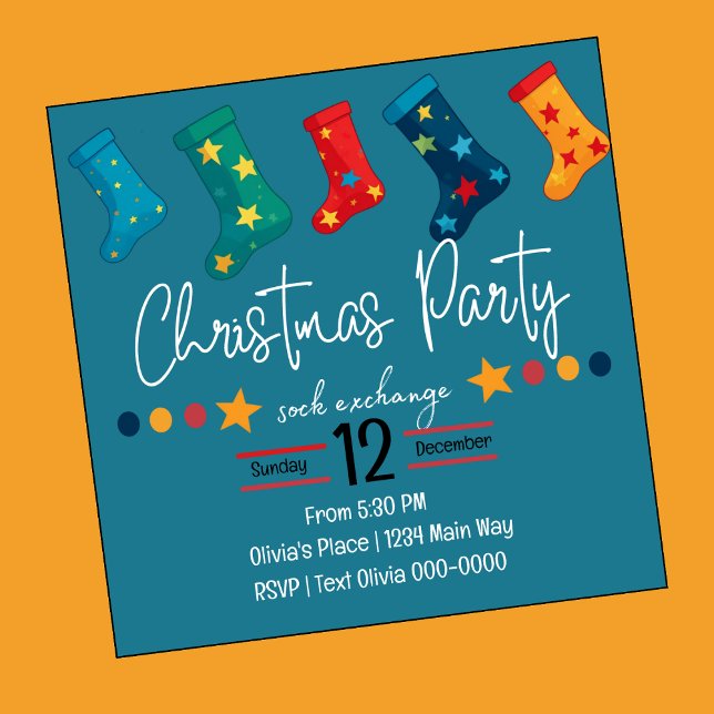 Invitation Fête de Noël en bleu (Christmas Holiday sock exchange party invitation in blue with cute socks hanging ton top of card.)