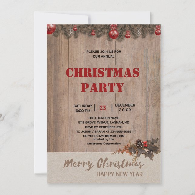 Invitation Fête de Noël en bois de ferme rustique  (Devant)
